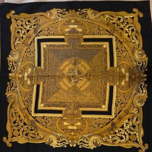 Hermes Elegant Black and Gold Scarf 100% Silk